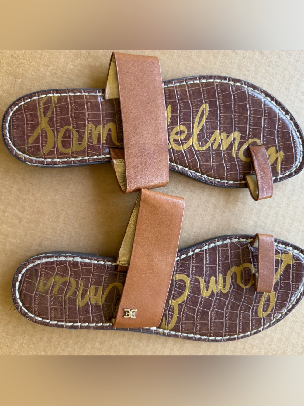 Sam Edelman Gorgene Brown Croc-Print Toe-Ring Slides with Gold Initials